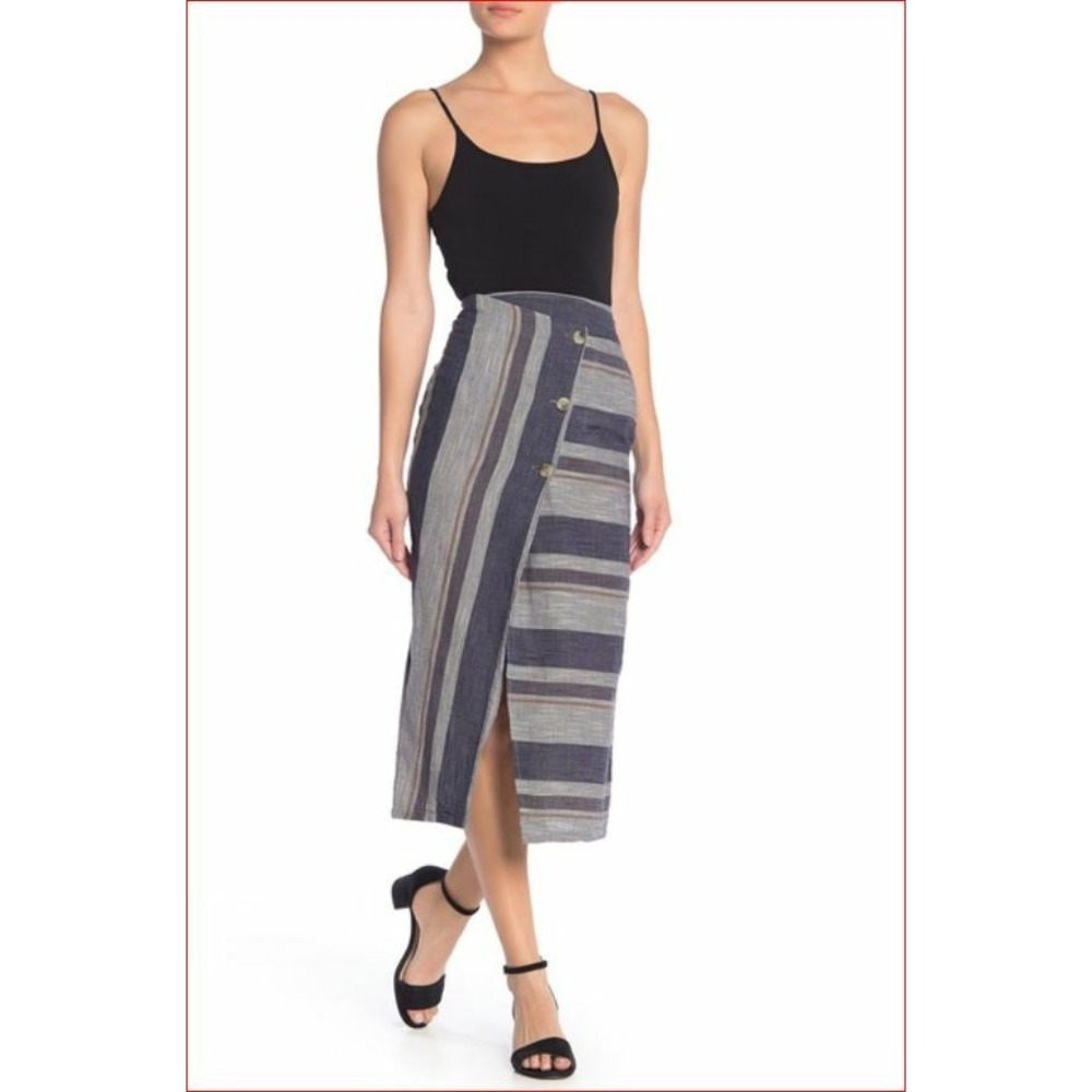 Free People Women Navy Grey Stripe Cotton Midi Skirt OB920136 Size 2